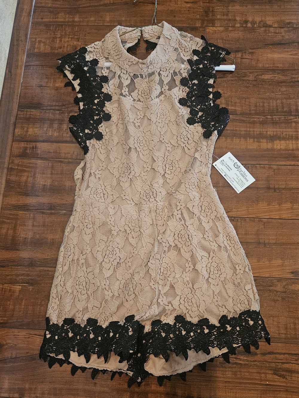 Beige Lace Romper with Black Crochet Trim